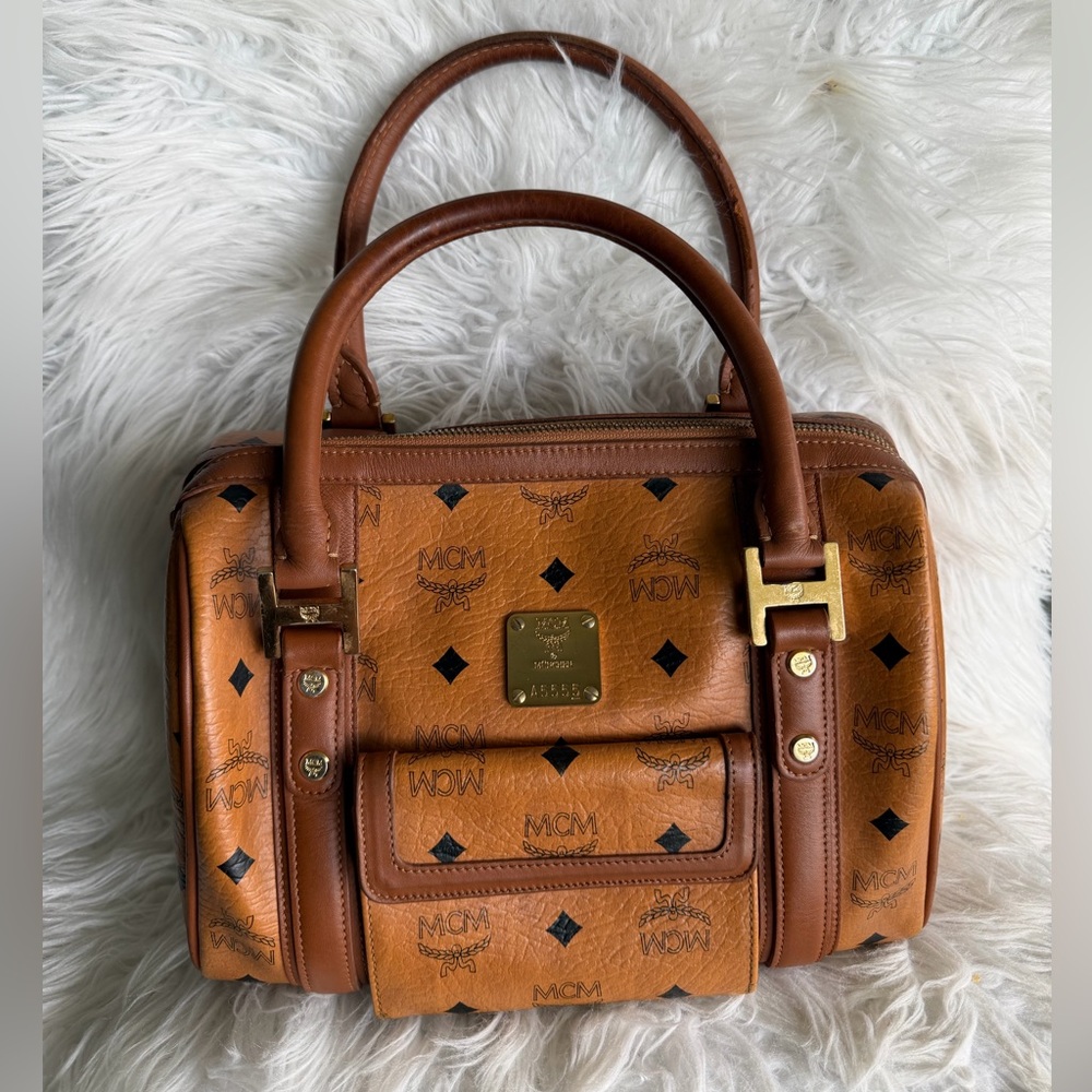 MCM Cognac Monogrammed Visetos Satchel